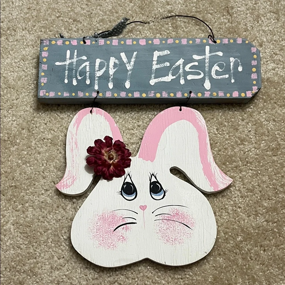 Wooden Pink and White Bunny Happy Easter Wall Decor